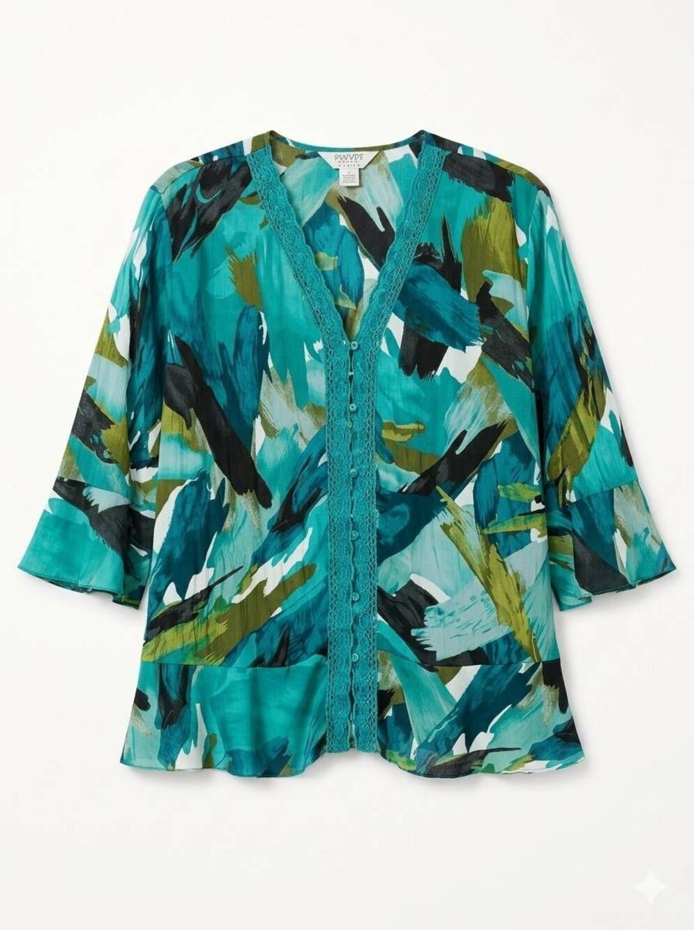 🔹️Allison Taylor Teal Embroidered Lace Button Front 3/4 Sleeve Top Size 3X